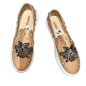Olivia Miller Tan Slip-On Flats with Bee Embellishment and Pearls